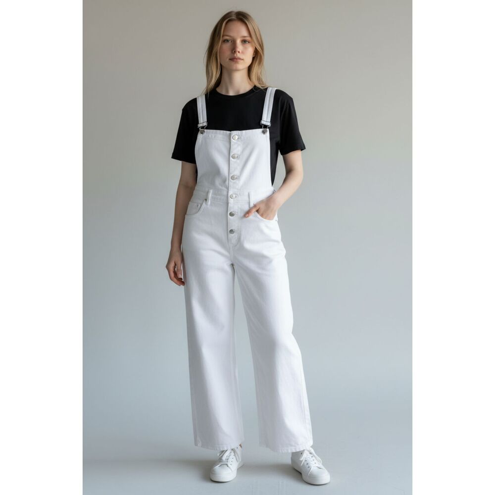 Tinseltown Women's White Denim Overalls Jumpsuit Wide Leg Button Front NWT